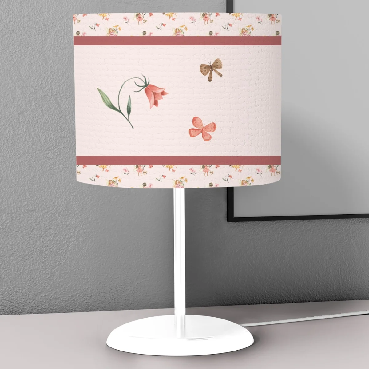 Periler Abajur | Pembe Çiçekler, mantarlar ve kelebekler Desenli