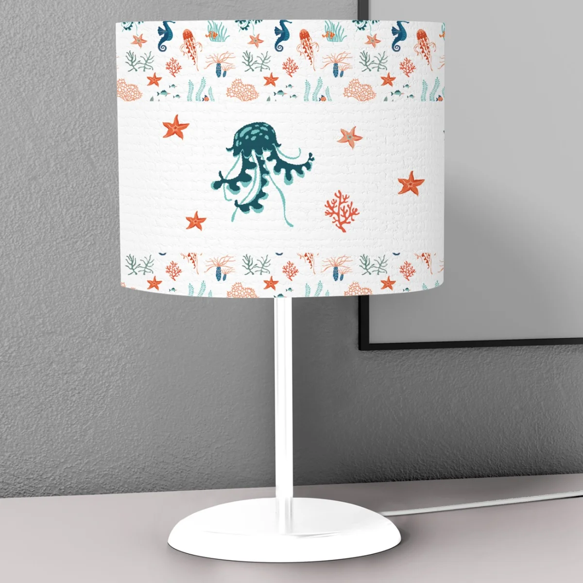 Deniz Canlıları Abajur | Beyaz yıldızlar, deniz atları Desenli