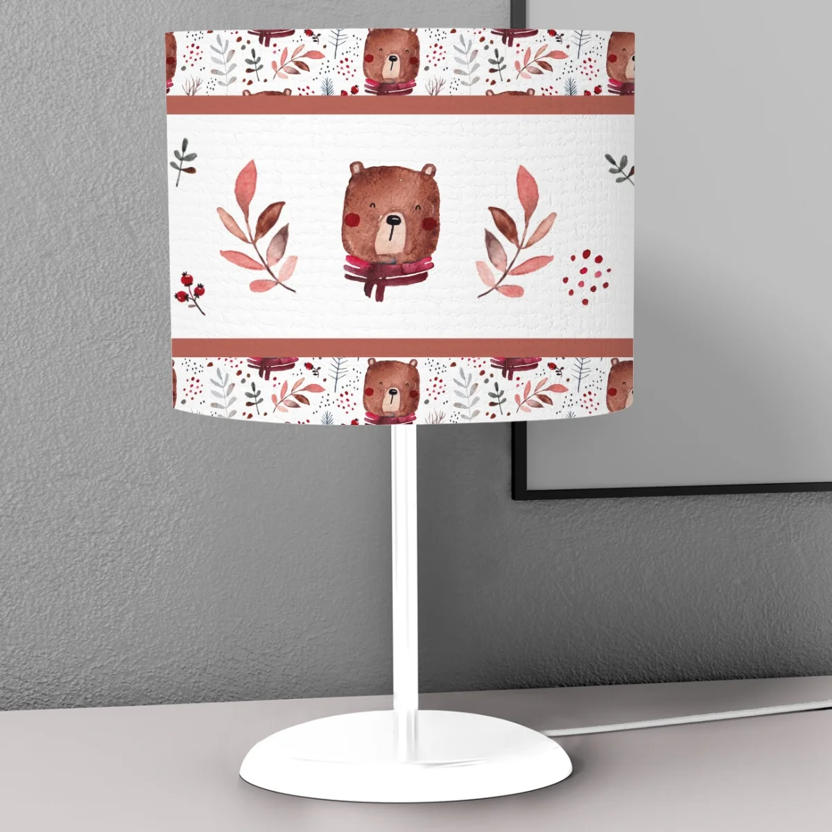 Orman Hayvanları Abajur | Beyaz yapraklar, kırmızı meyveler Desenli