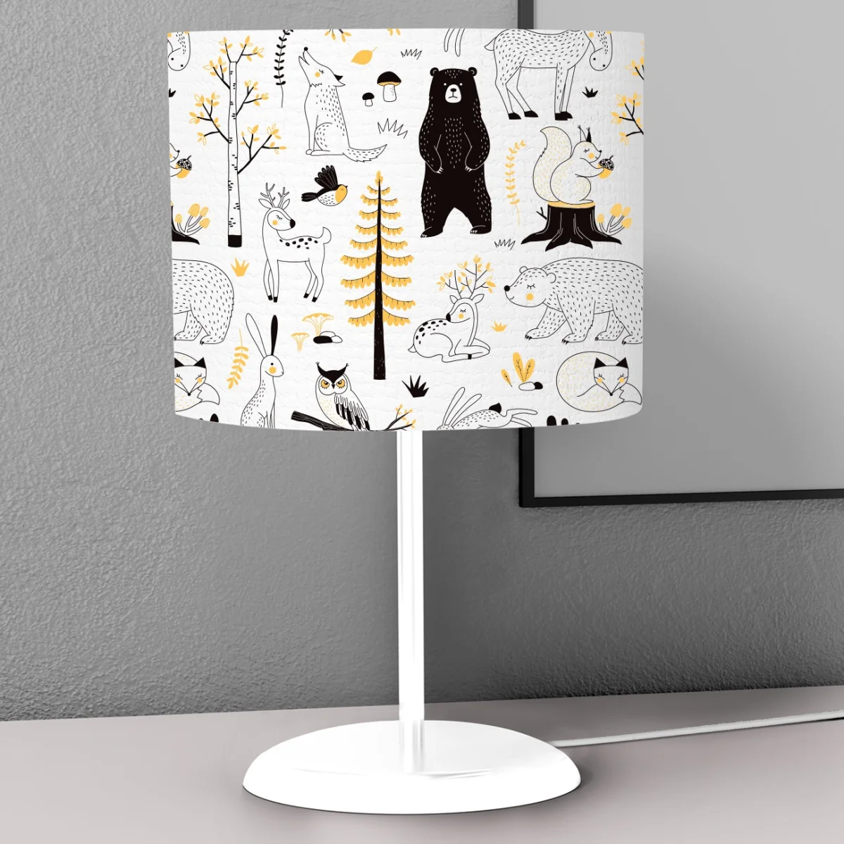 Orman Hayvanları Abajur | Beyaz Ağaçlar, mantarlar Desenli
