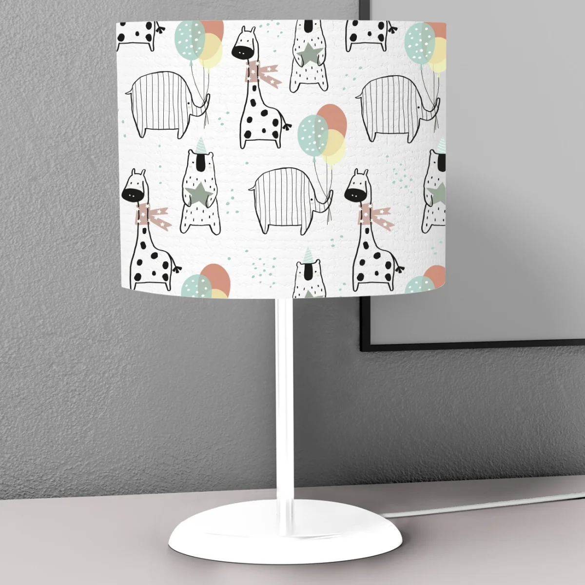 Orman Hayvanları Abajur | Beyaz balonlar, parti şapkaları Desenli