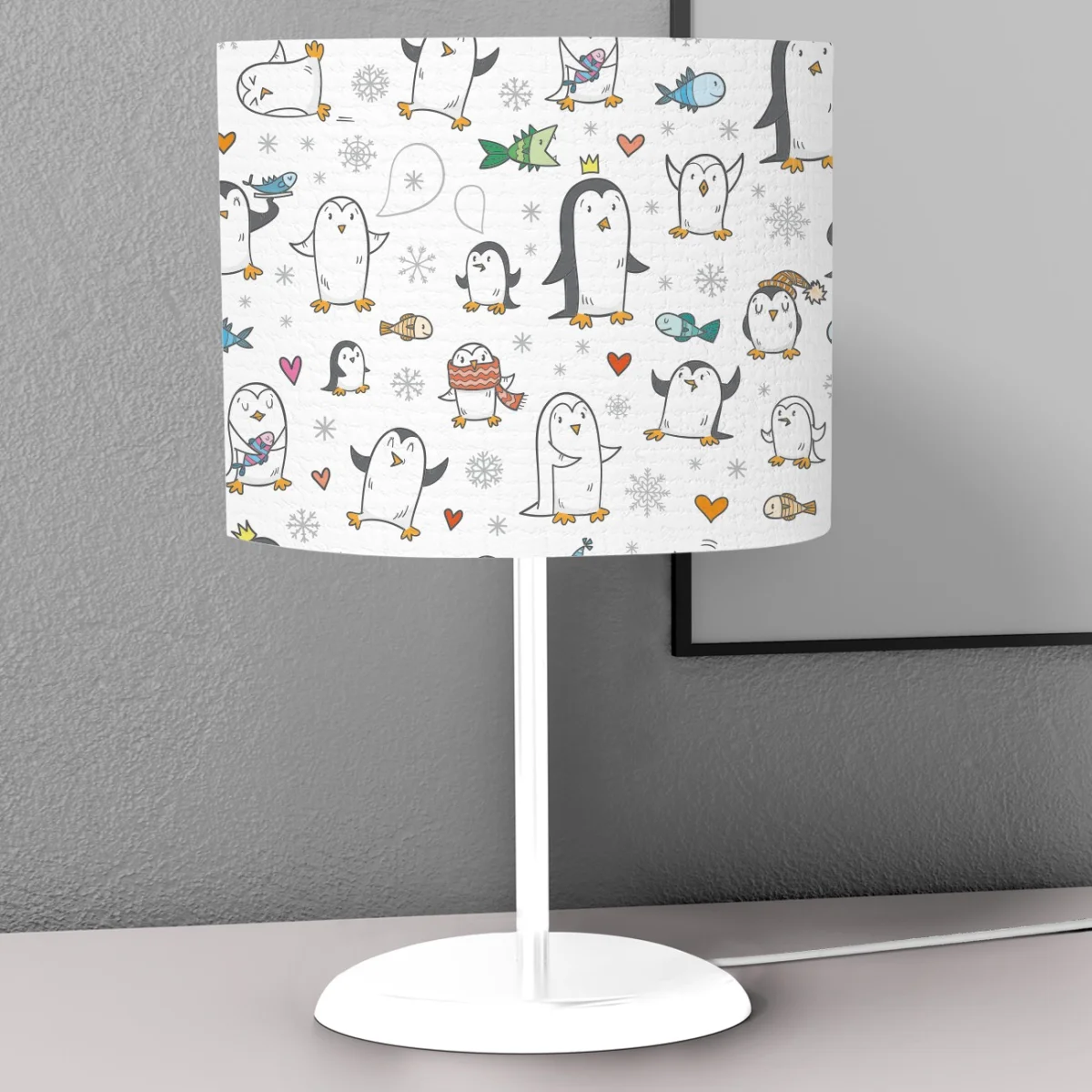 Penguen Abajur | Beyaz Kar taneleri, kalpler Desenli