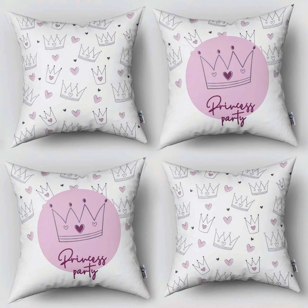 Prenses 4lü Kırlent | Beyaz taçlar, kalpler Desenli