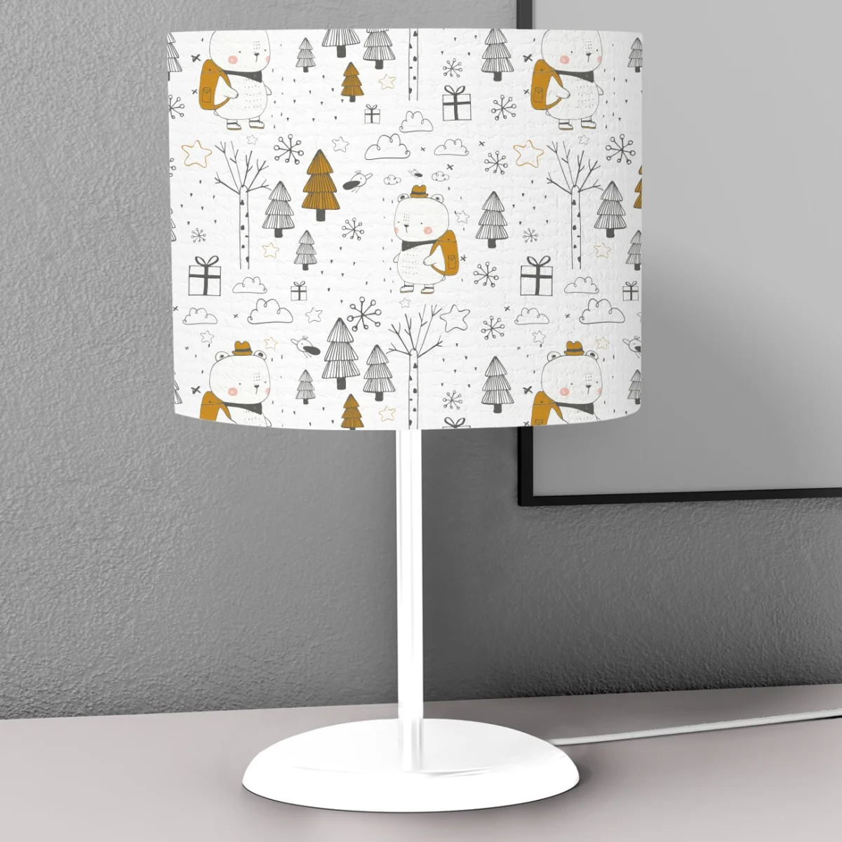 Orman Hayvanları Abajur | Beyaz ağaçlar, kuşlar Desenli