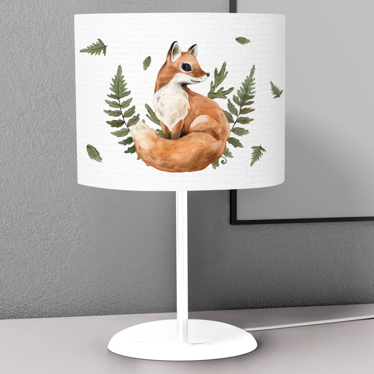 Tilki, Orman Hayvanları Abajur | Beyaz Eğrelti otu, düşen yapraklar Desenli
