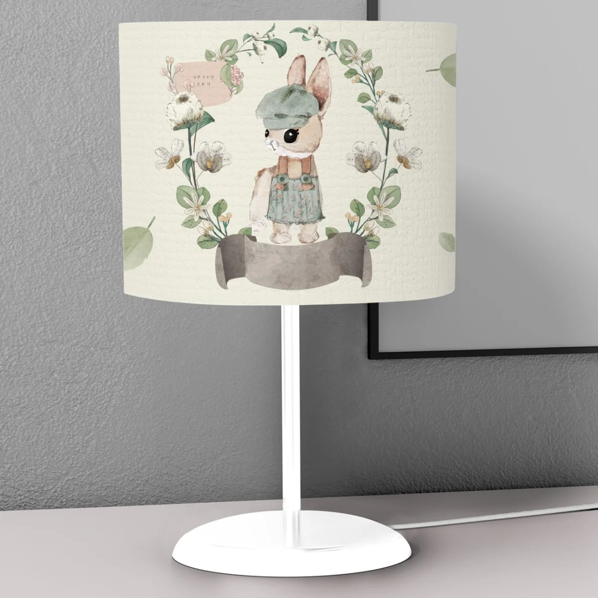 Tavşan Abajur | Krem yapraklar, çiçekler Desenli