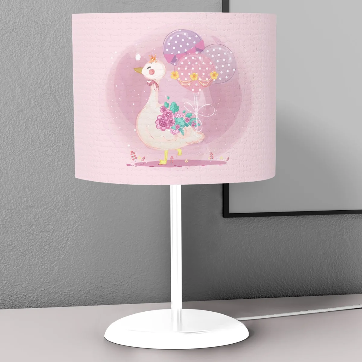 Prenses Kaz Abajur | Pembe balonlar, çiçekler Desenli