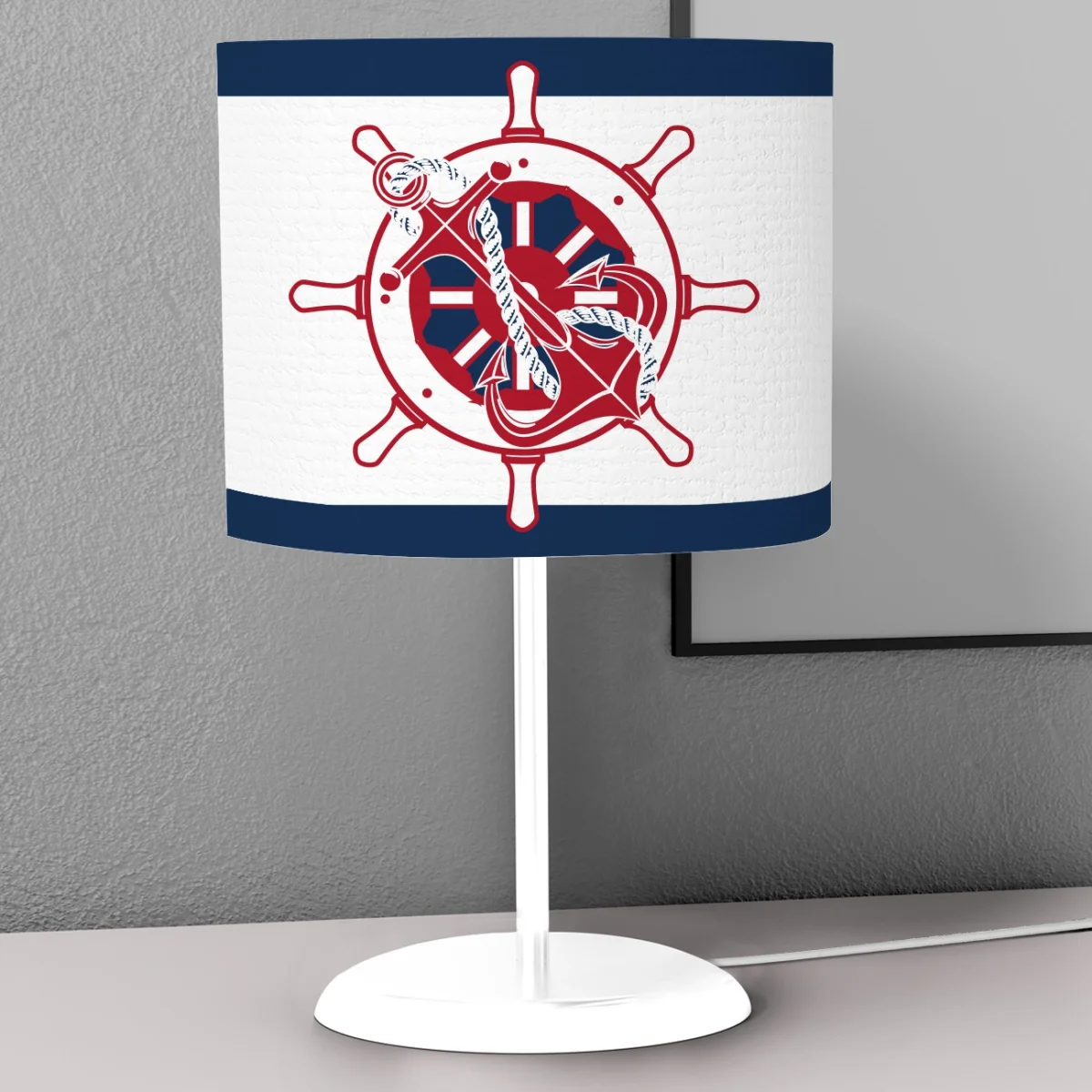 Denizci Abajur | Beyaz Gemi dümeni, çapa Desenli