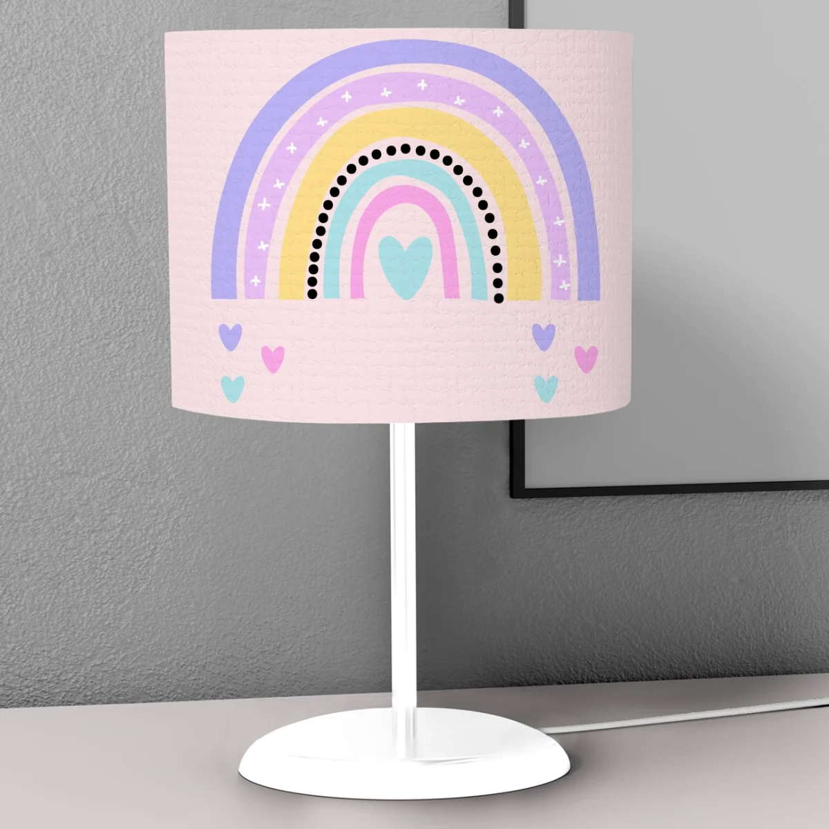 Gökkuşağı Abajur | Pembe gökkuşağı, kalpler Desenli