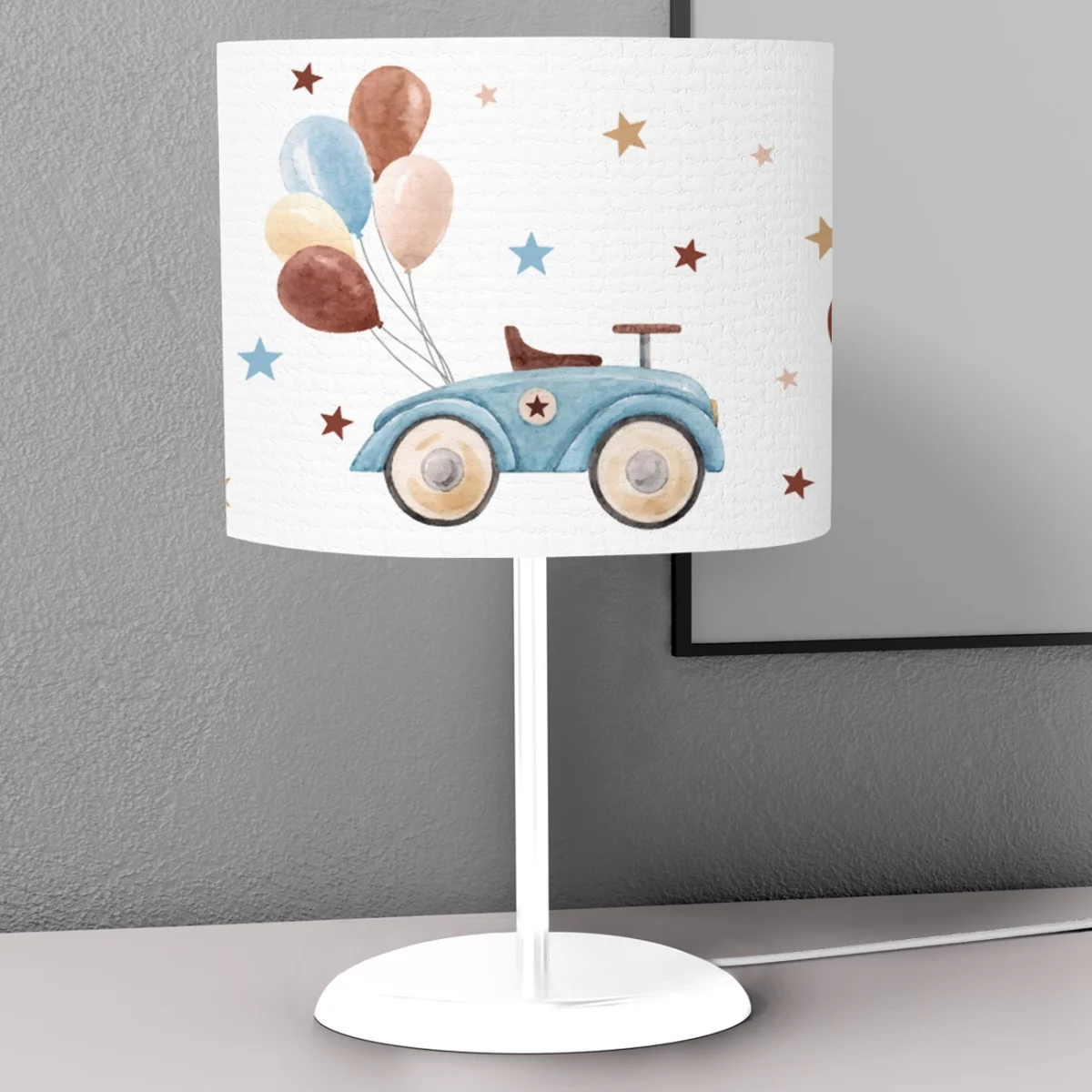 Oyuncak Araba Abajur | Beyaz yıldızlar, balonlar Desenli