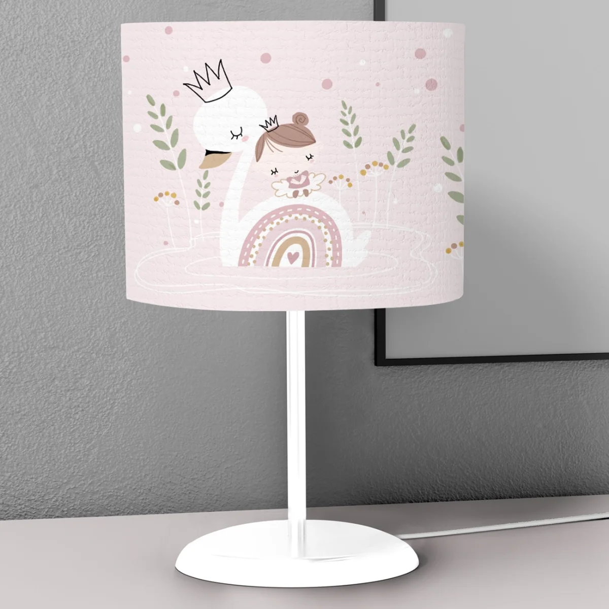 Kuğu Abajur | Pembe kız çocuk, gökkuşağı Desenli