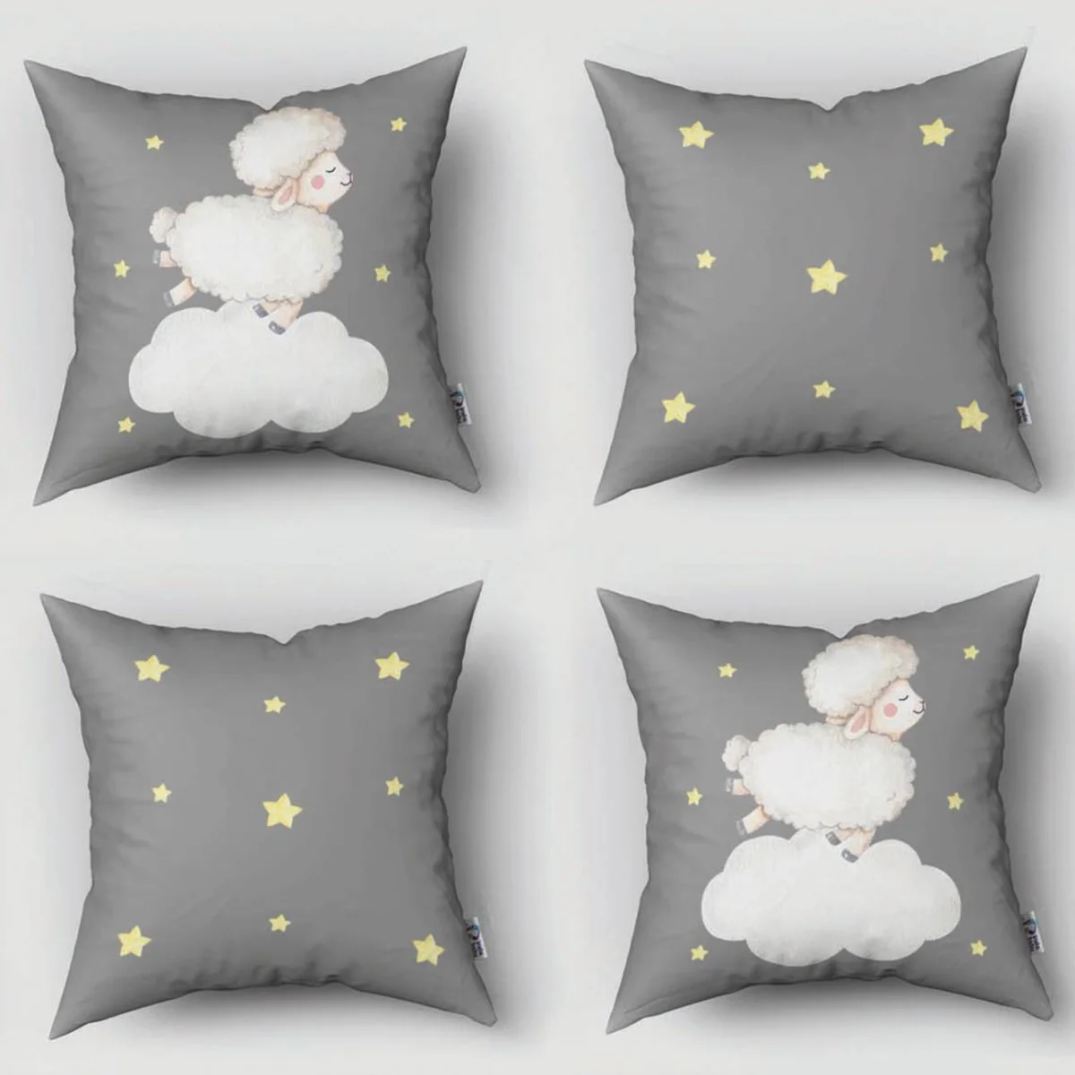 Kuzu 4lü Kırlent | Gri yıldızlar, bulut Desenli