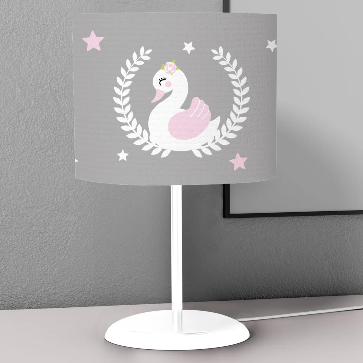 Kuğu Abajur | Gri yıldız, yaprak çelenk Desenli