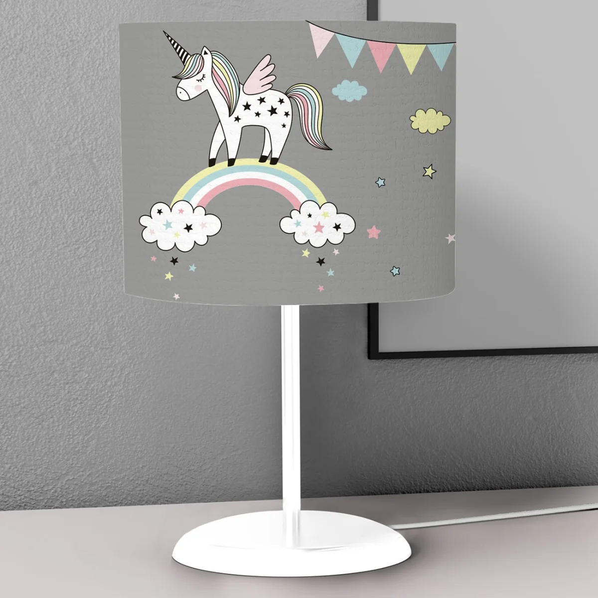 Unicorn Abajur | Gri yıldız, bulut Desenli