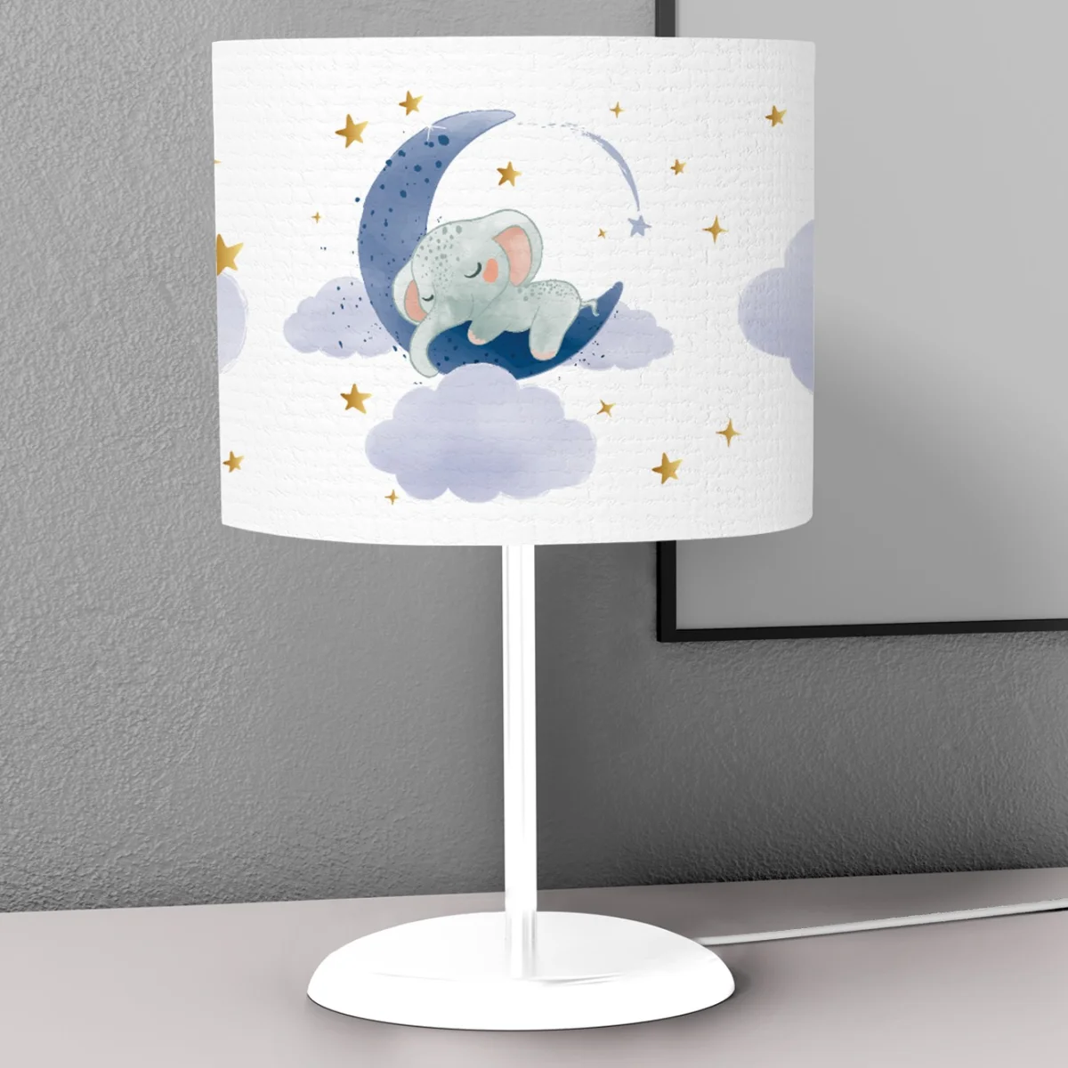 Uyuyan Fil ve Ay Abajur | Beyaz yıldızlar, bulutlar Desenli