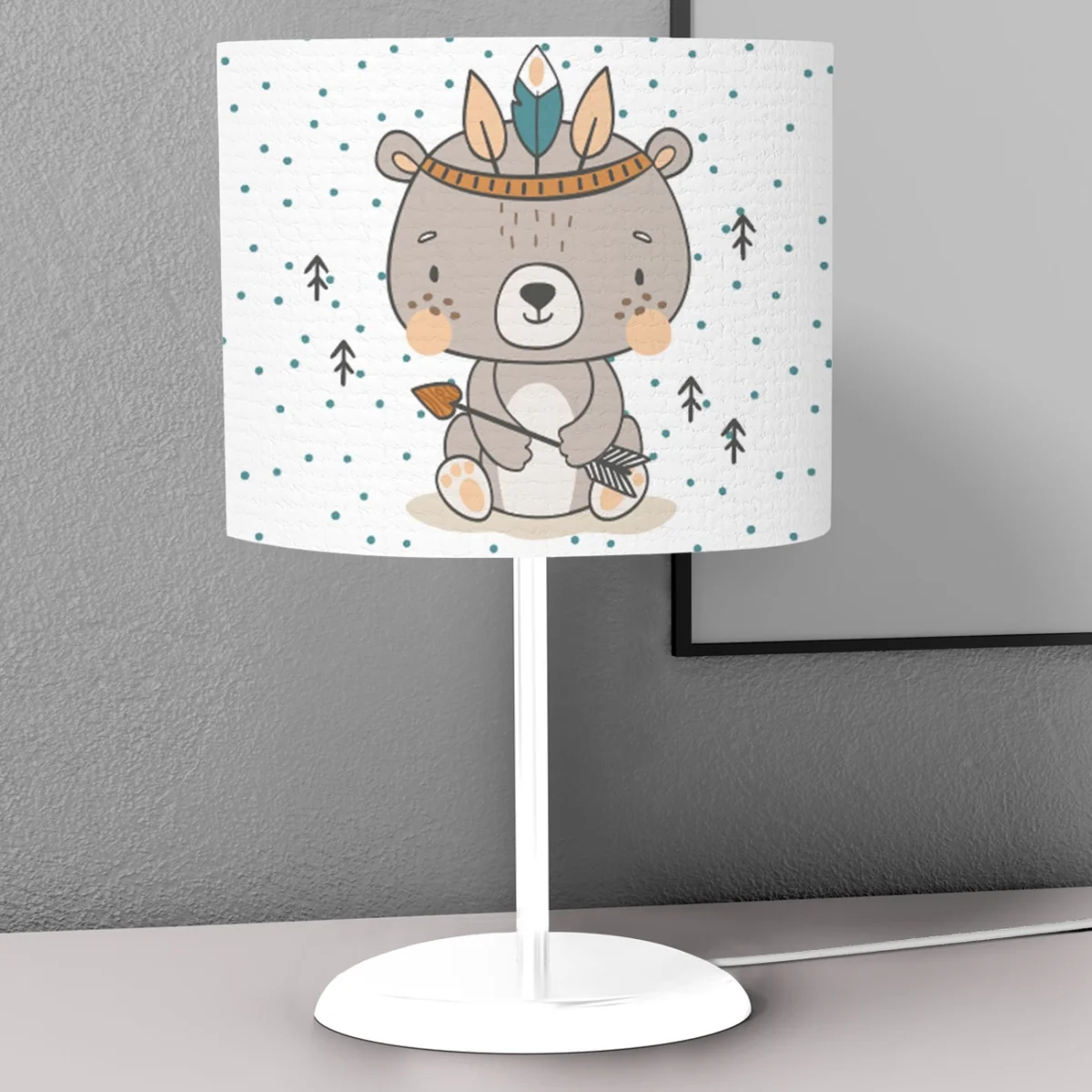 Kızılderili Temalı Ayı Abajur | Beyaz mavi noktalar, siyah ok/ağaç figürleri Desenli