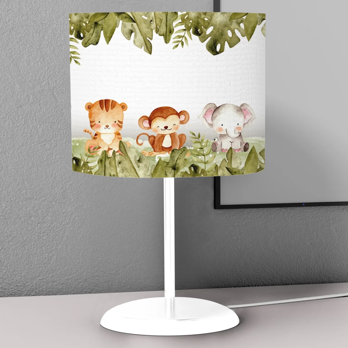 Orman Hayvanları Abajur | Beyaz yeşil yapraklar, safari cipi Desenli