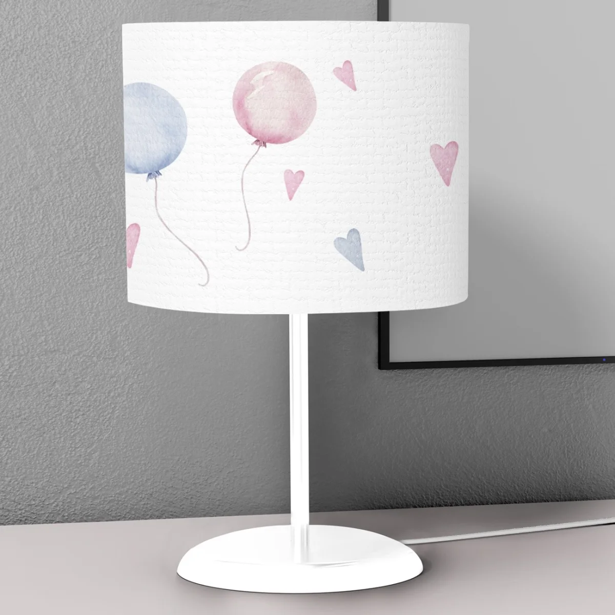 Balonlar ve Kalpler Abajur | Beyaz Pembe ve mavi balonlar, pembe ve mavi kalpler Desenli