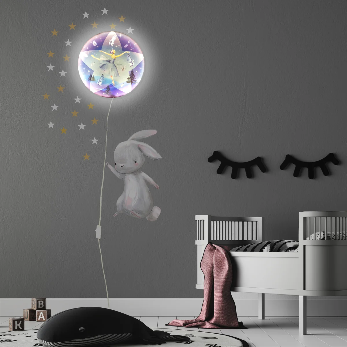 Bale Sanatçısı, Tavşan, Peri Masalı Ay Avize | Gri yıldız, ağaç Desenli