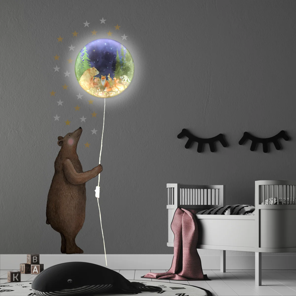 Orman Hayvanları Ay Avize | Gri yıldızlar, ağaçlar Desenli