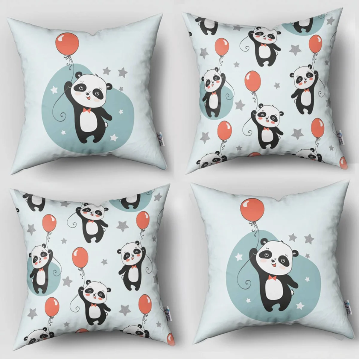 Panda 4lü Kırlent | Açık Mavi balon, yıldız Desenli