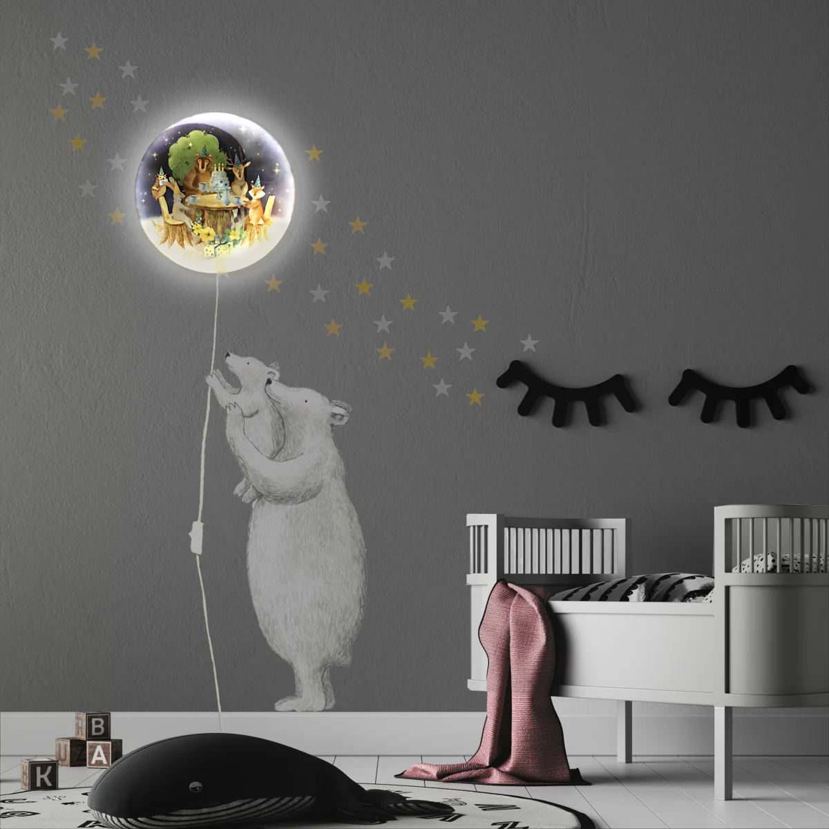 Orman Hayvanları Ay Avize | Gri yıldızlar, ay Desenli