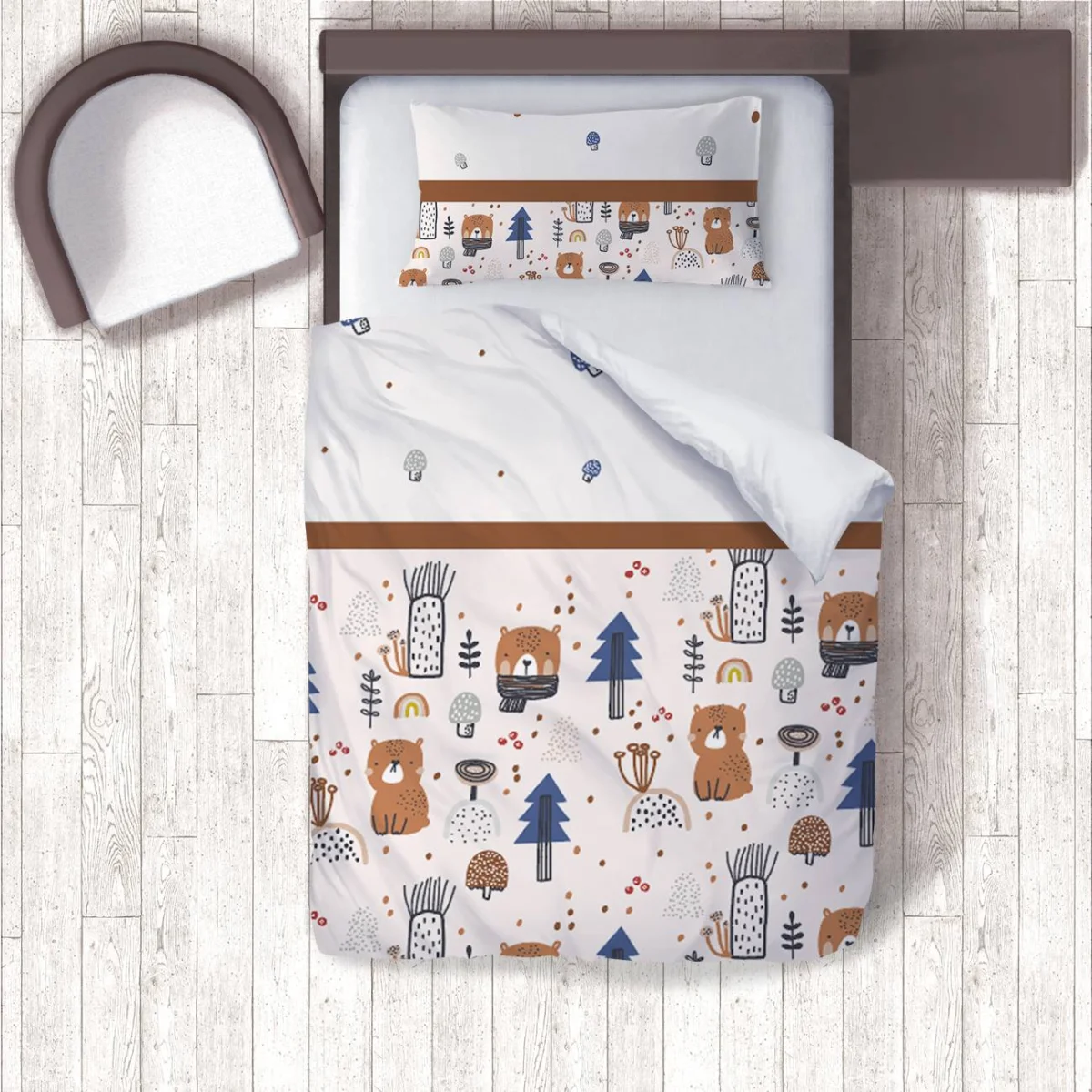 Orman Hayvanları Nevresim Takımı | Beyaz ayıcıklar, ağaçlar Desenli