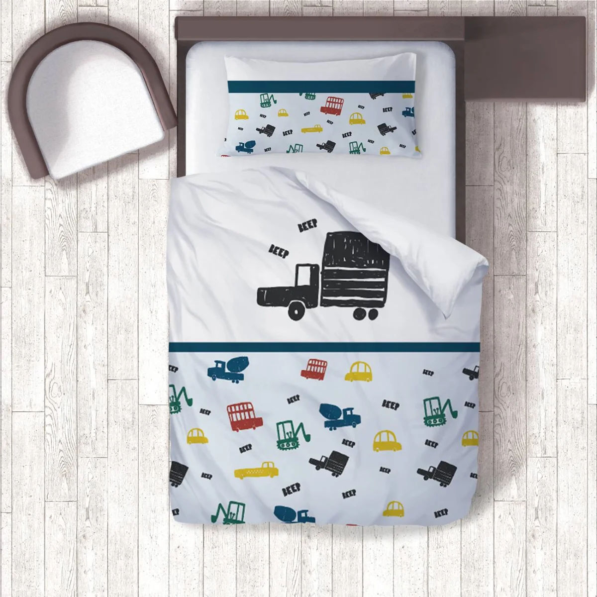 İnşaat Araçları, Taşıtlar Nevresim Takımı | Beyaz BEEP yazıları, renkli kamyon Desenli