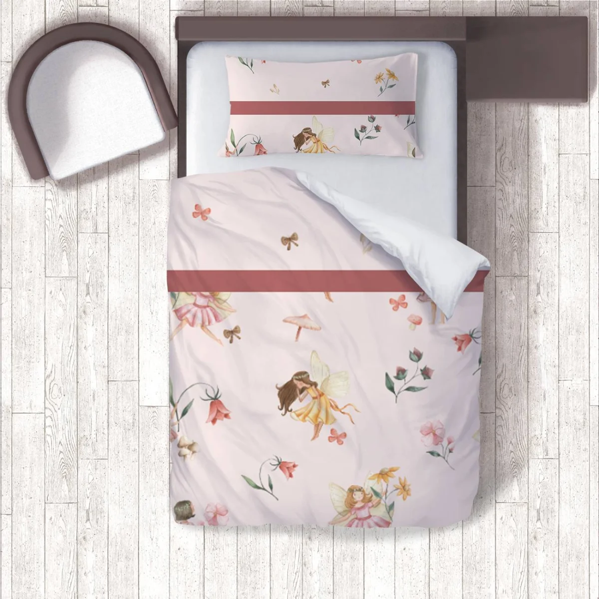 Periler Nevresim Takımı | Pembe Çiçekler, mantarlar ve kelebekler Desenli