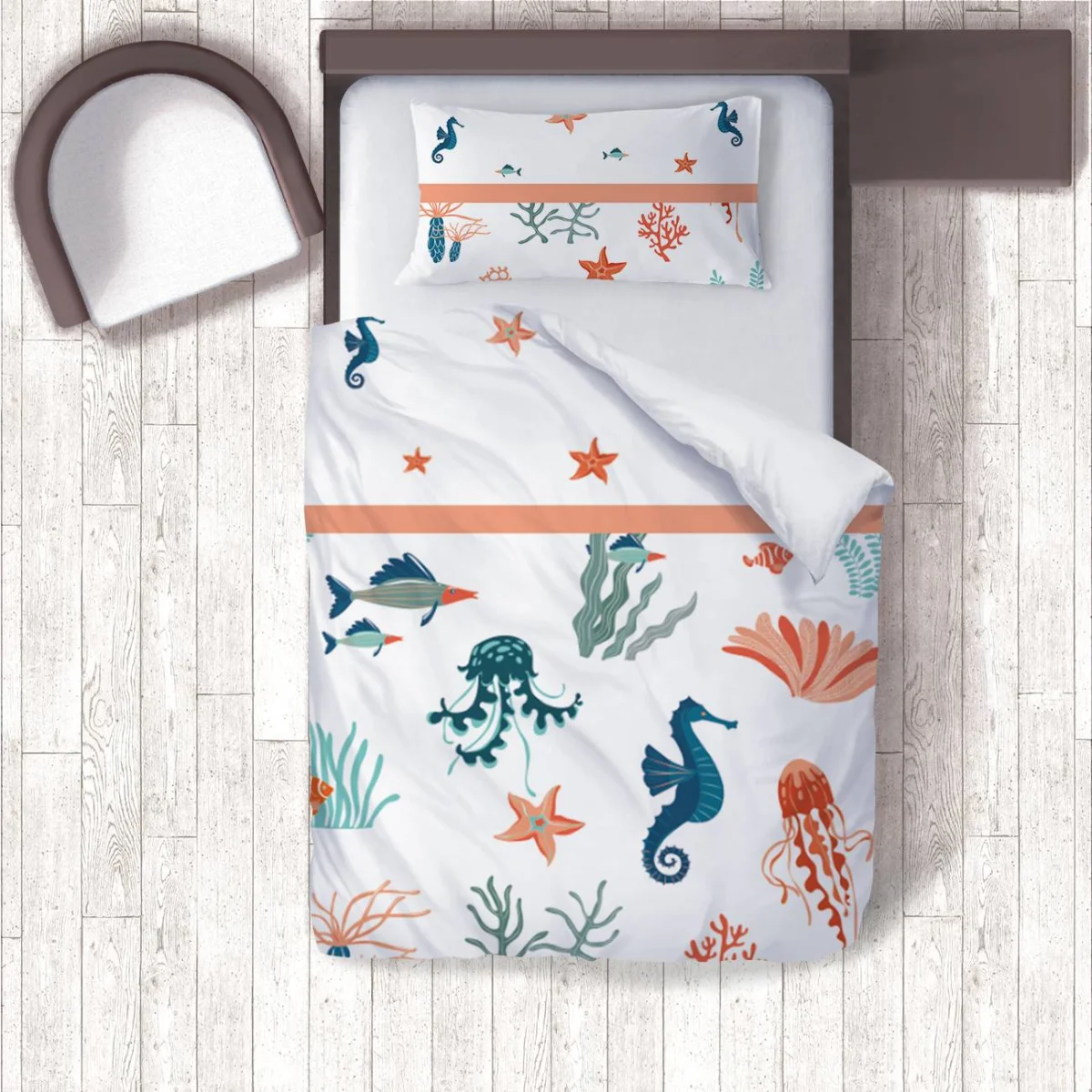 Deniz Canlıları Nevresim Takımı | Beyaz yıldızlar, deniz atları Desenli