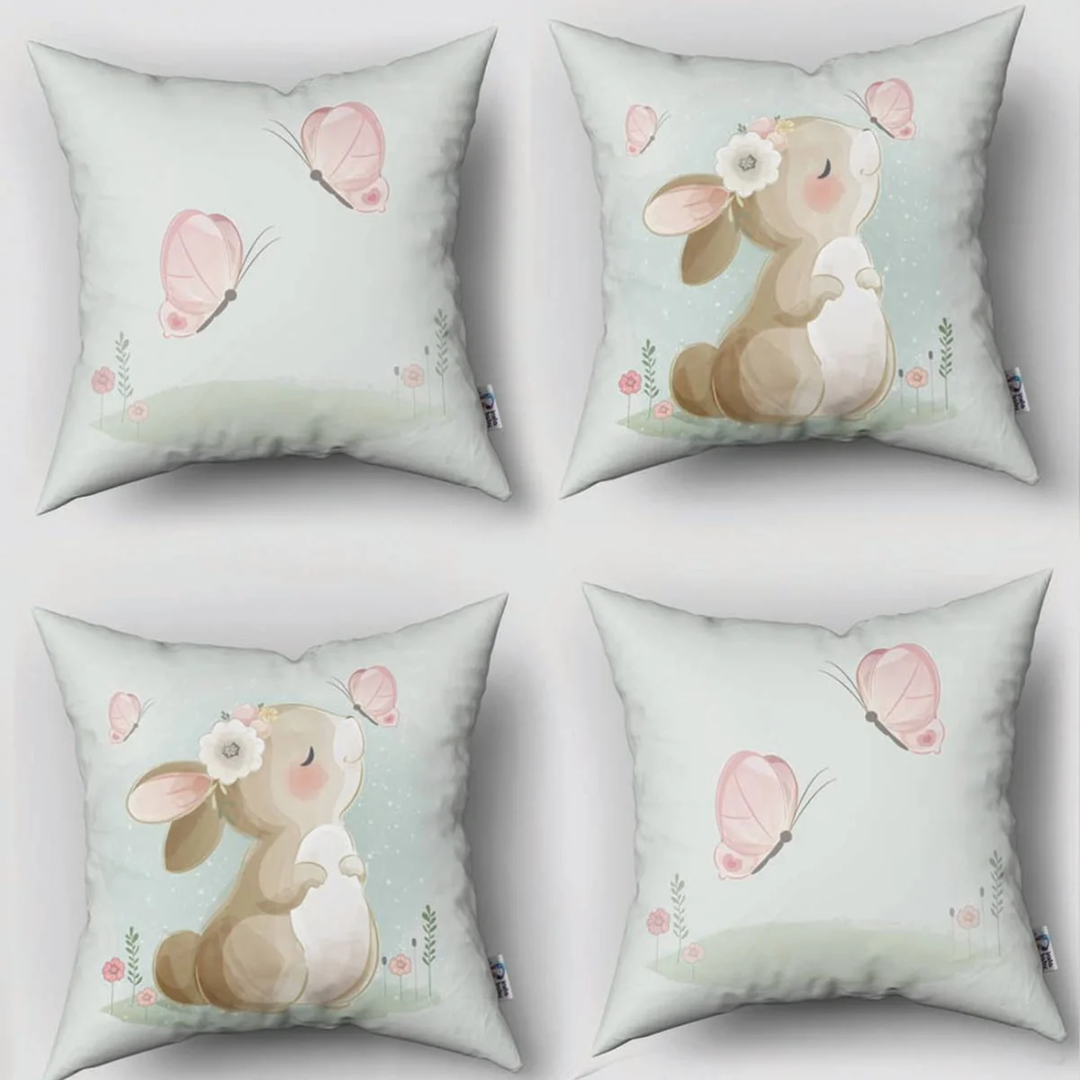 Tavşan 4lü Kırlent | Açık Mavi kelebekler, çiçekler Desenli