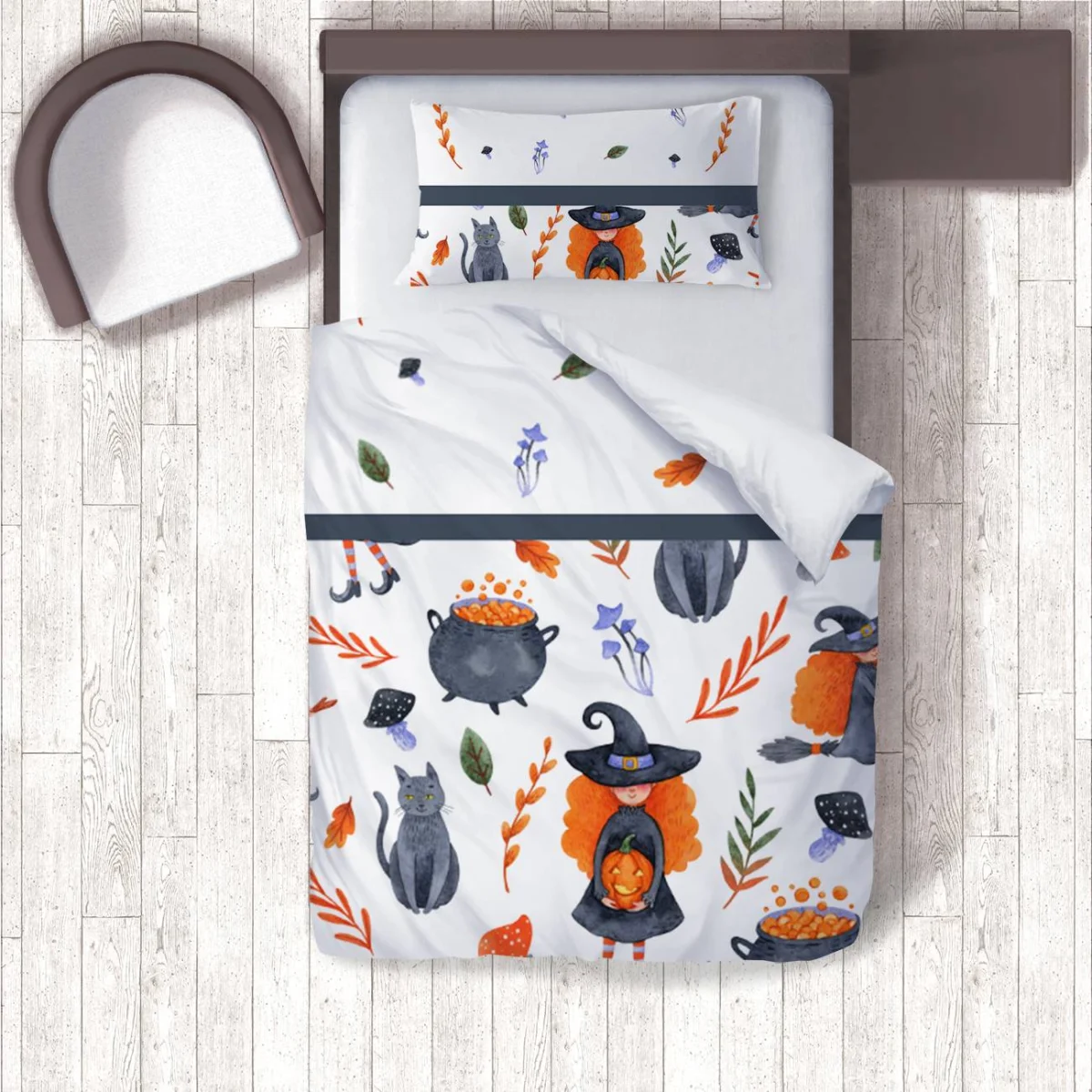 Cadı ve Halloween Nevresim Takımı | Beyaz cadı, kara kedi Desenli