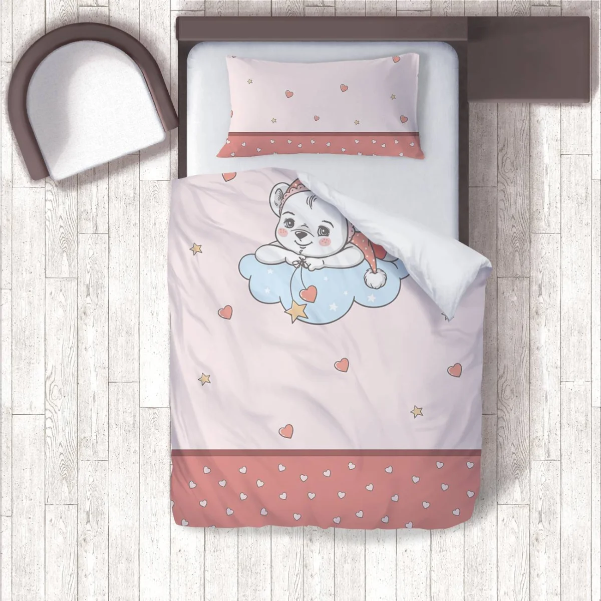 Ayıcık Nevresim Takımı | Pembe Ayıcık, bulut Desenli