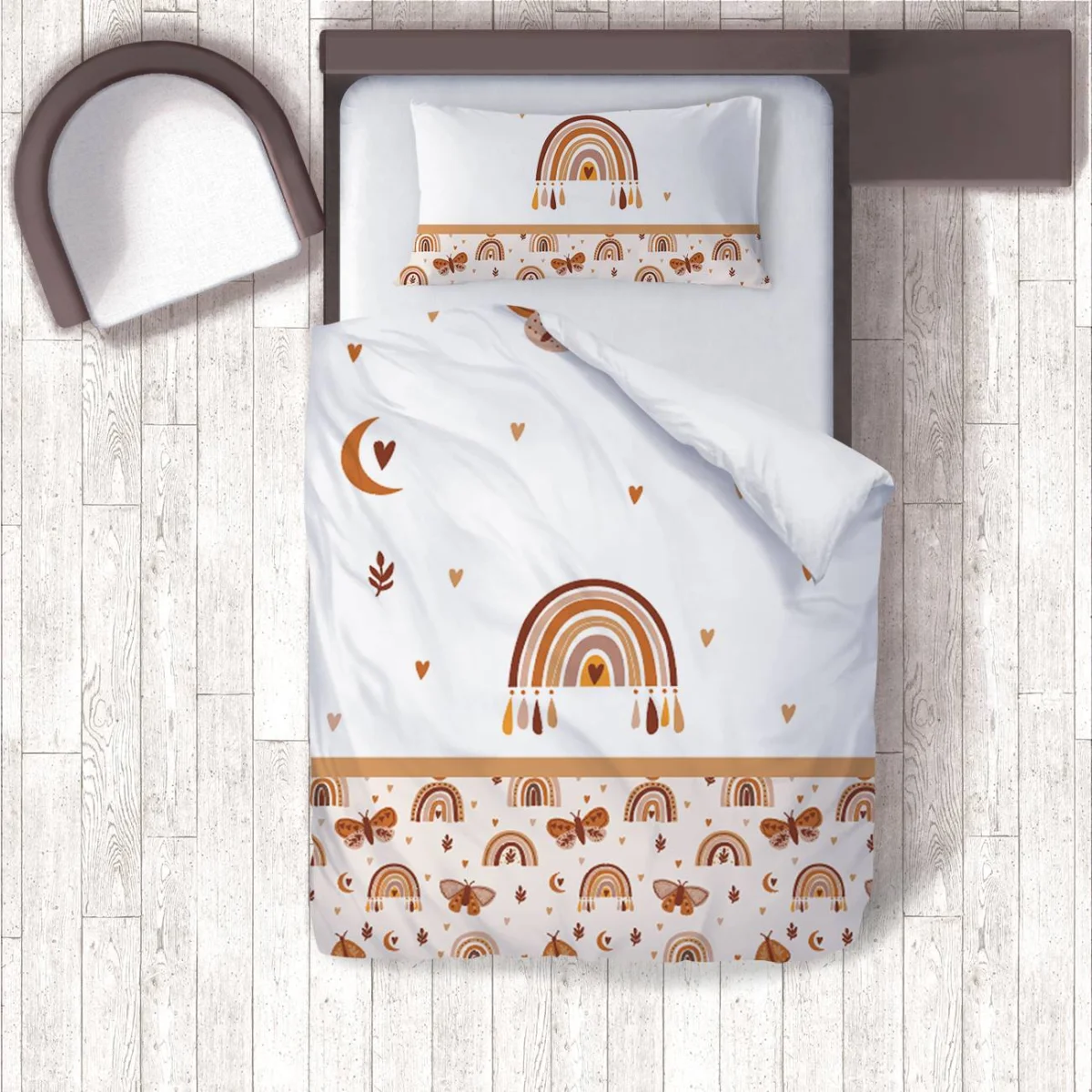 Gökkuşağı Nevresim Takımı | Beyaz Ay, kalpler Desenli