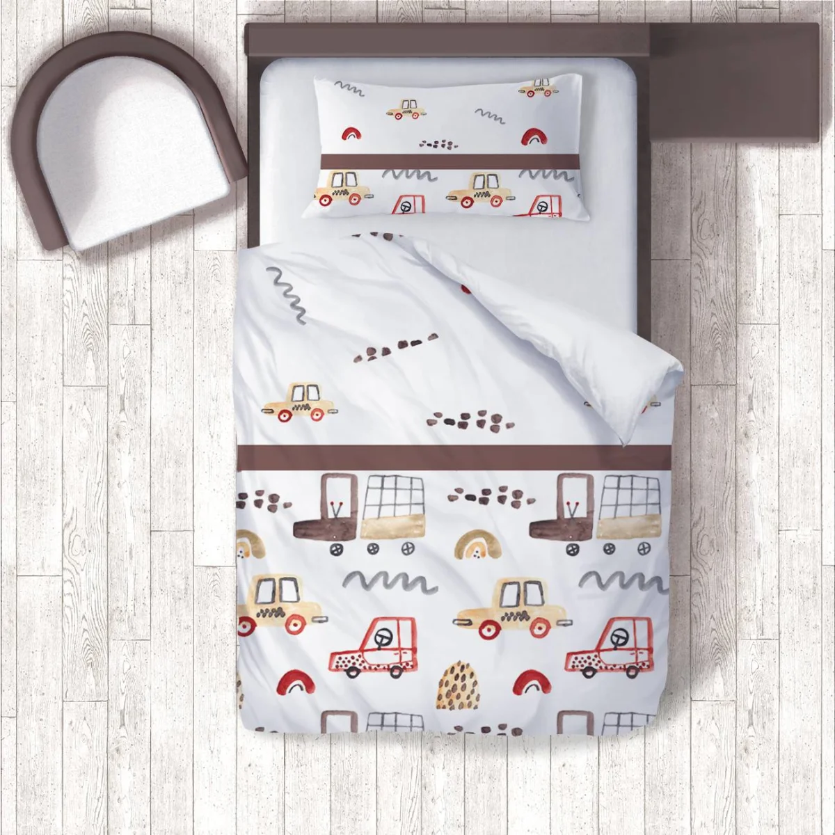 Araçlar Nevresim Takımı | Beyaz arabalar, kamyonlar Desenli