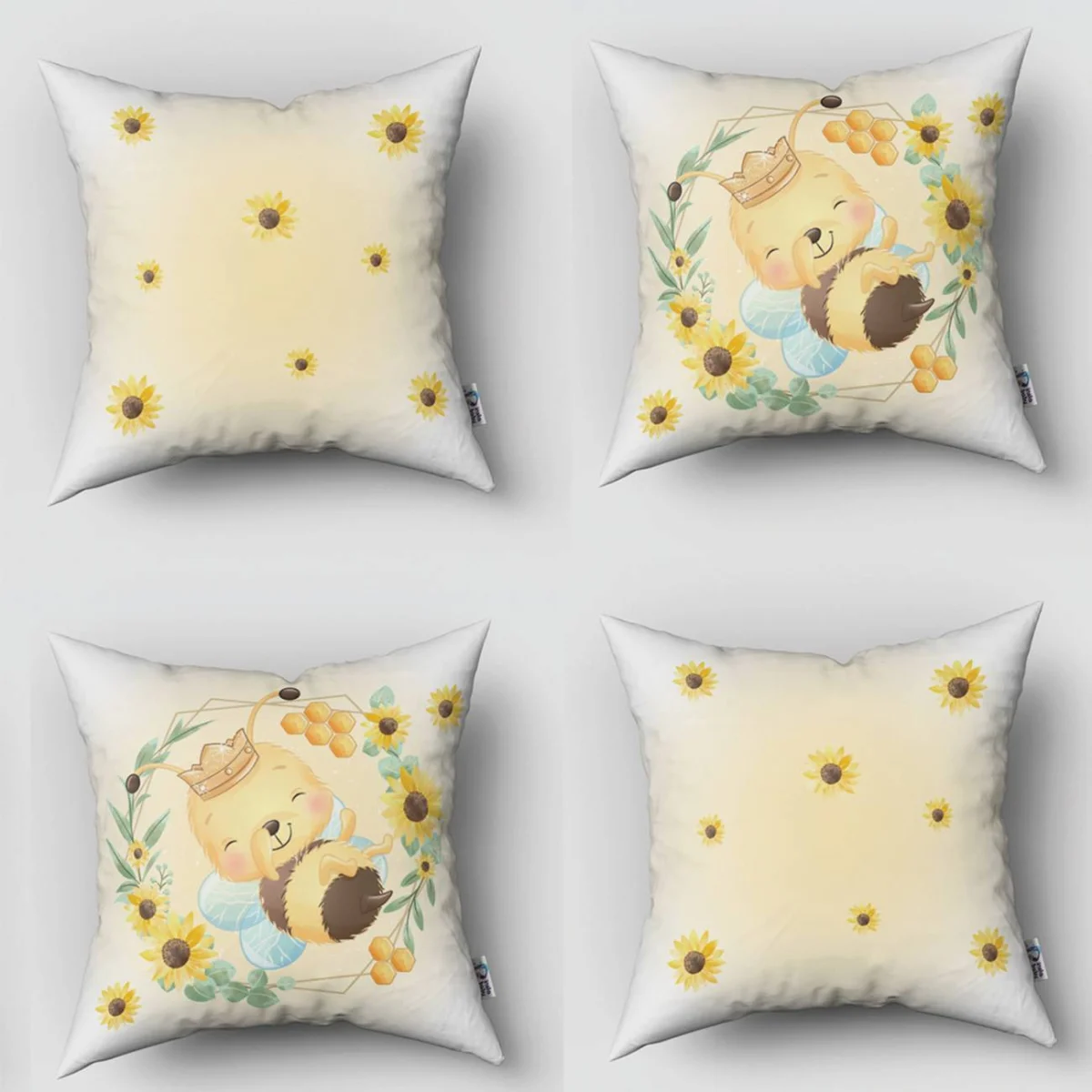 Arı 4lü Kırlent | Sarı Ayçiçeği, bal peteği Desenli