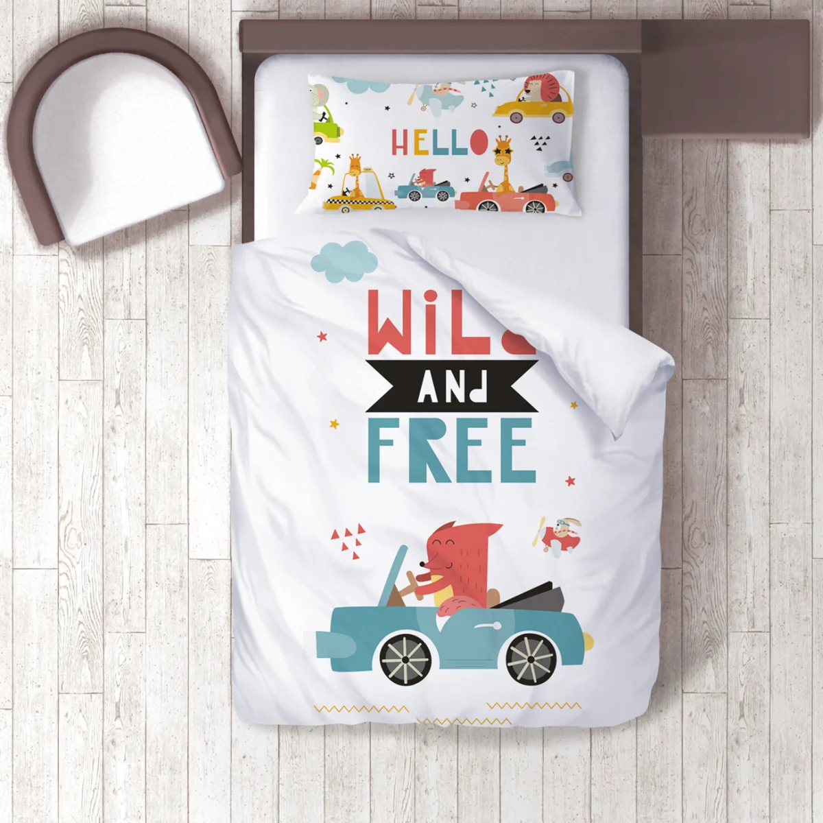 Hayvanlar ve araçlar Nevresim Takımı | Beyaz Bulutlar, yıldızlar Desenli