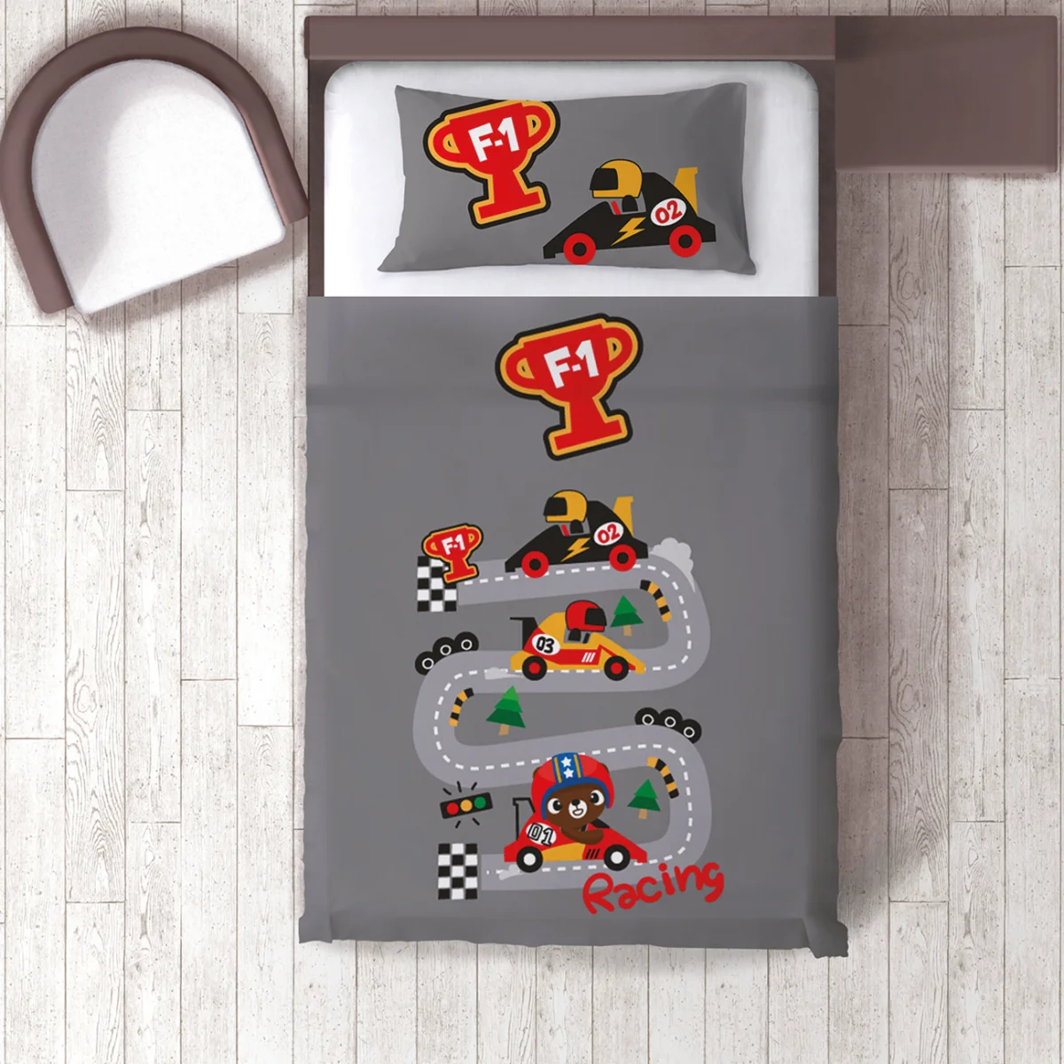 Go-kart yarışı Nevresim Takımı | Gri Yarış pisti, ağaçlar Desenli