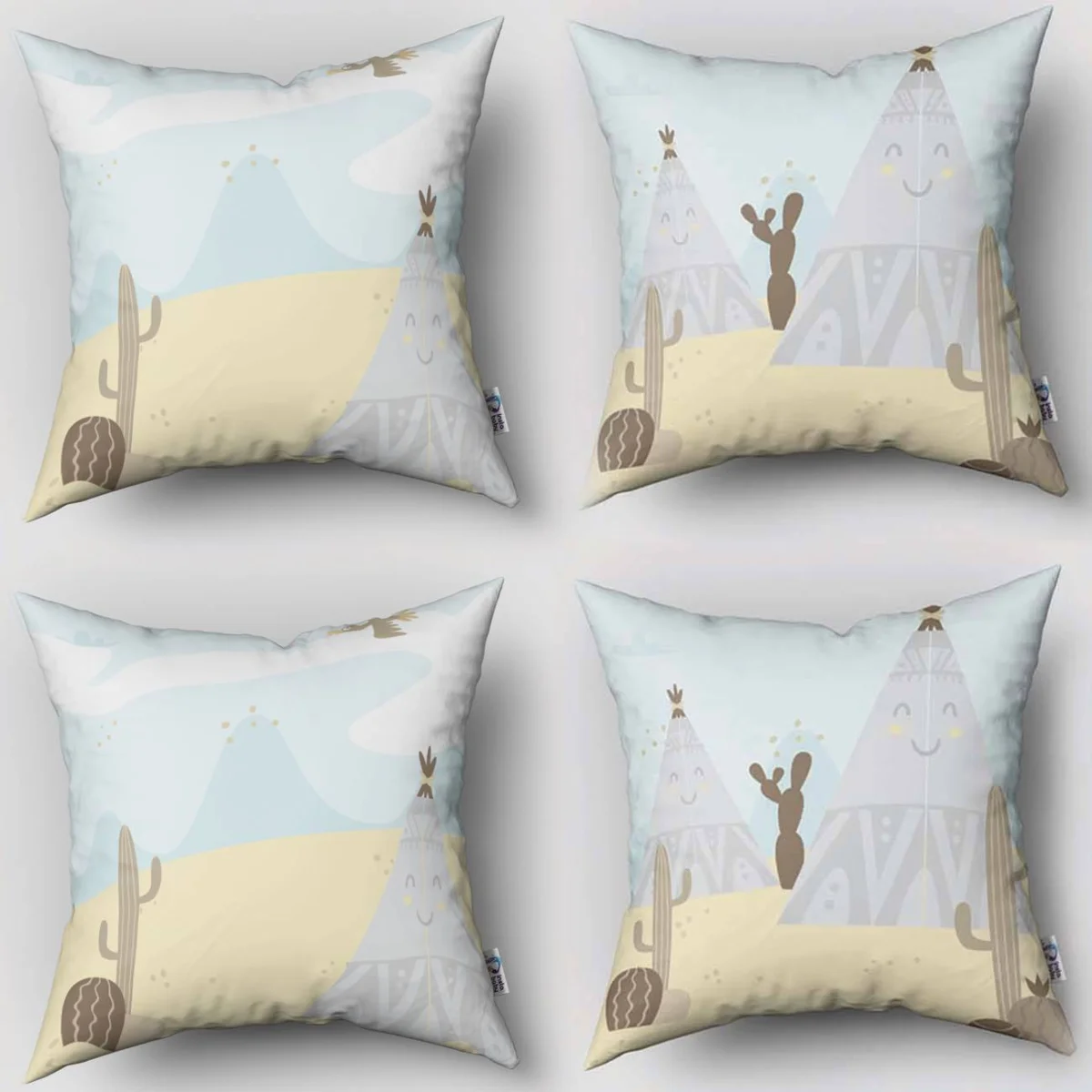 Kızılderili Çadır ve Kaktüsler 4lü Kırlent | Mavi Gülümseyen güneş, bulutlar Desenli