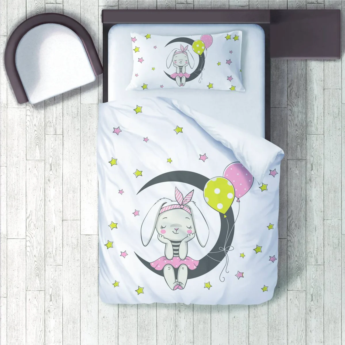 Tavşan Nevresim Takımı | Beyaz ay, yıldızlar Desenli