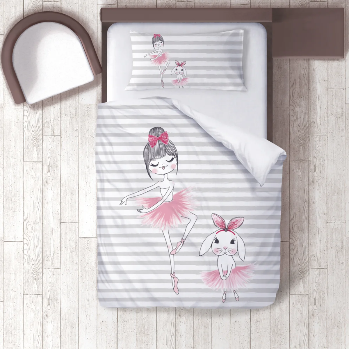 Balerin kız ve tavşan Nevresim Takımı | Beyaz Yatay gri çizgiler, pembe tütü ve kurdele Desenli