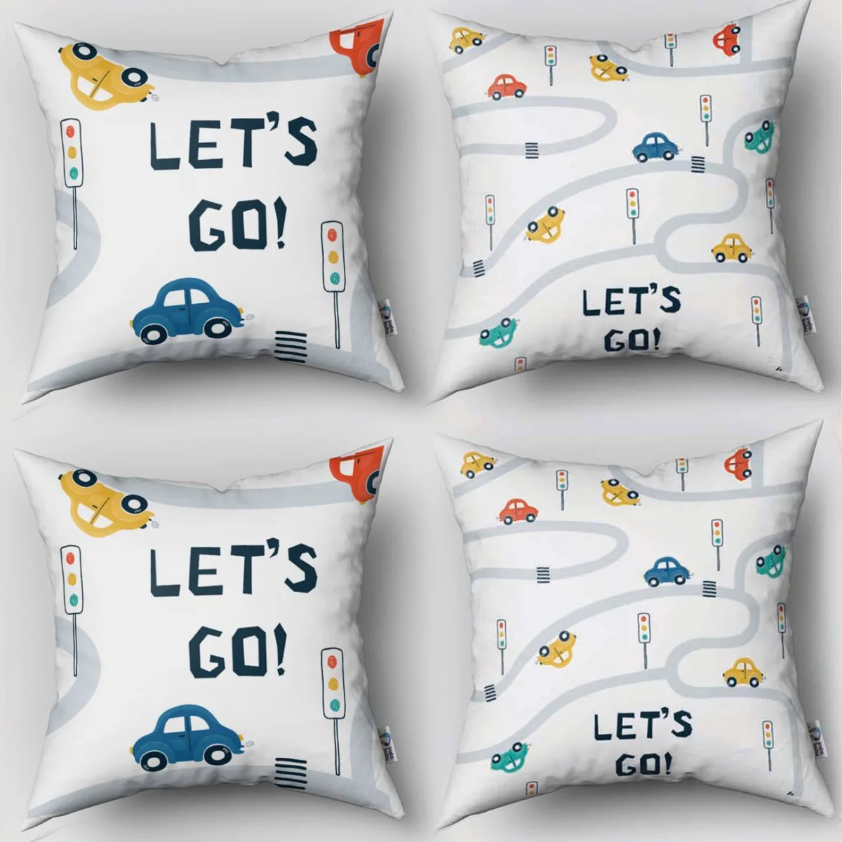 Arabalar 4lü Kırlent | Beyaz Yol, trafik lambaları Desenli