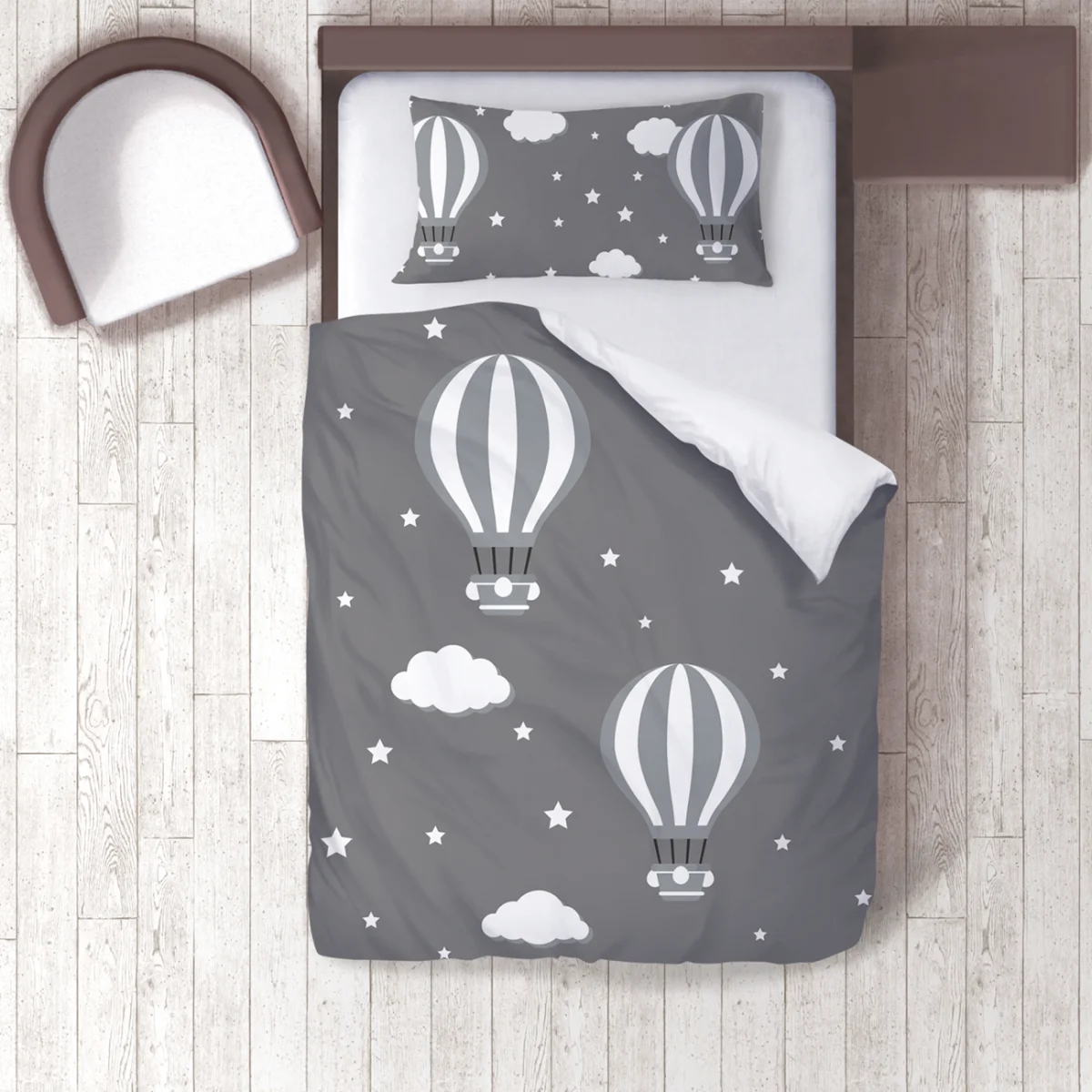 Sıcak Hava Balonları Nevresim Takımı | Gri yıldız, bulut Desenli