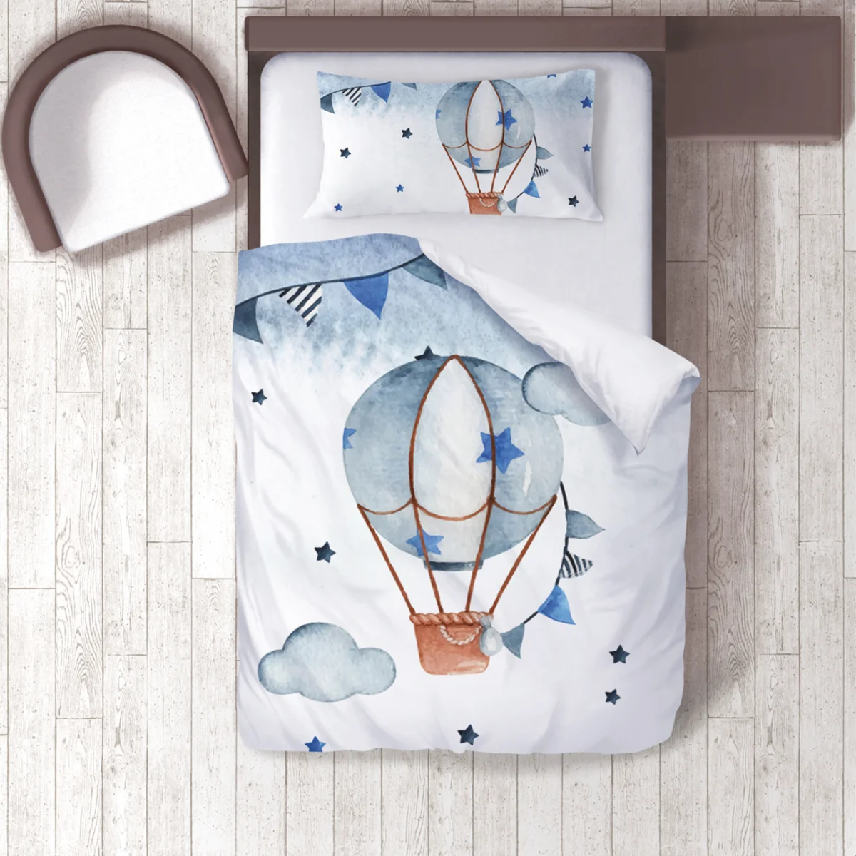 Sıcak hava balonu Nevresim Takımı | Beyaz yıldız, bulut Desenli