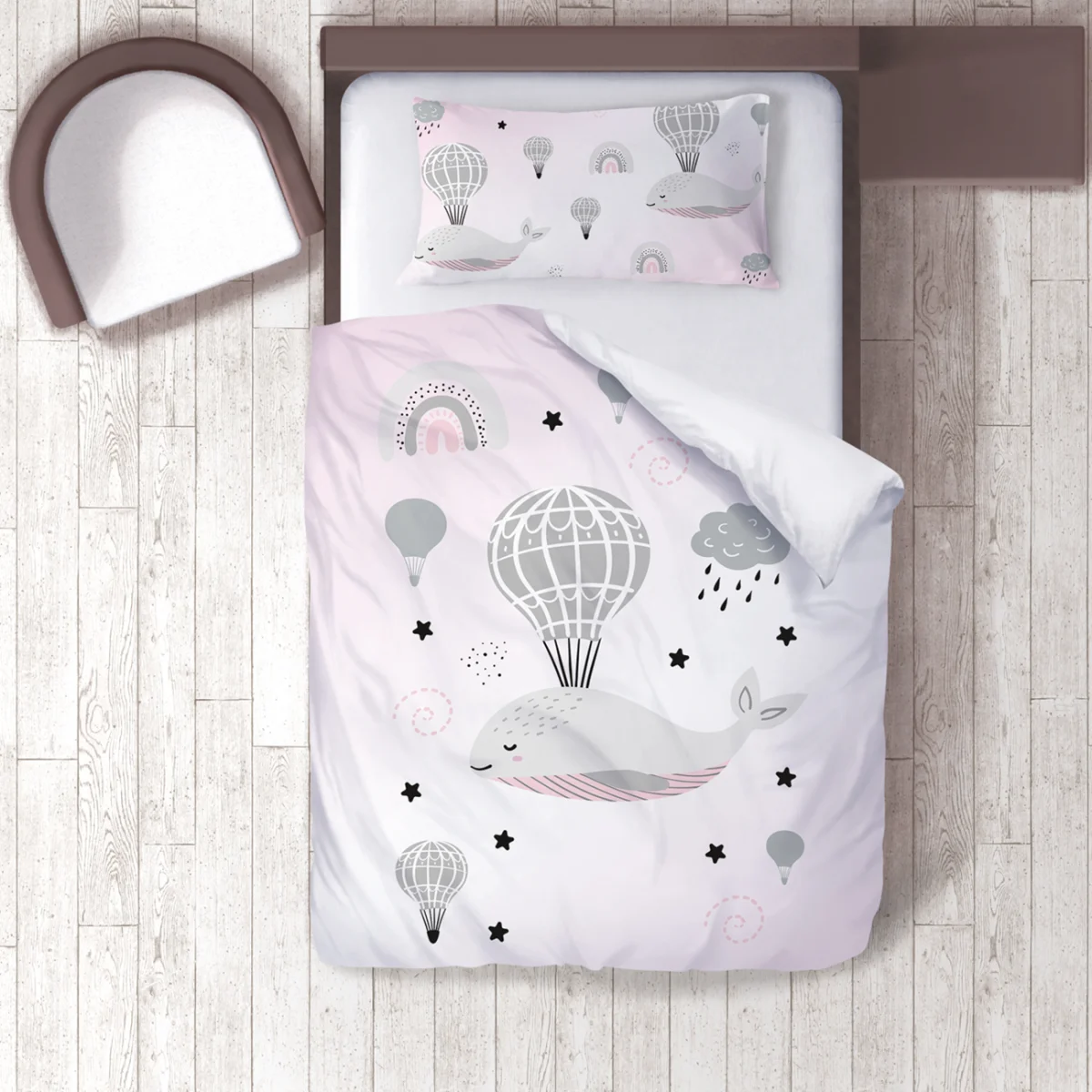 Uçan balina Nevresim Takımı | Beyaz Sıcak hava balonu, gökkuşağı Desenli