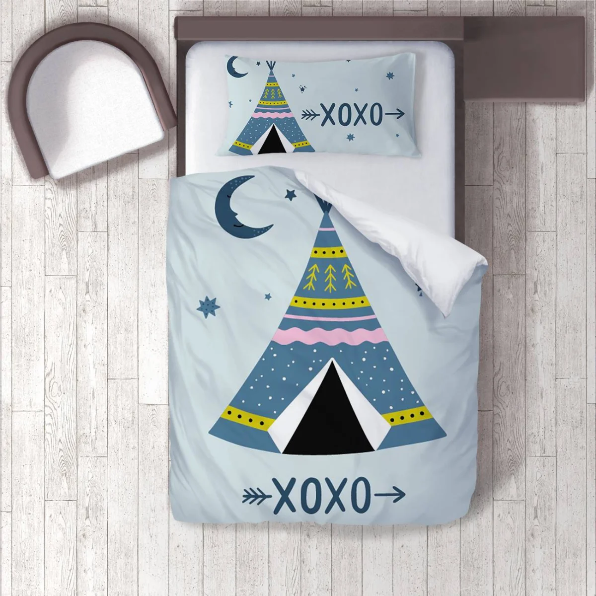 Çadır (Teepee) Nevresim Takımı | Mavi Ay, yıldızlar Desenli