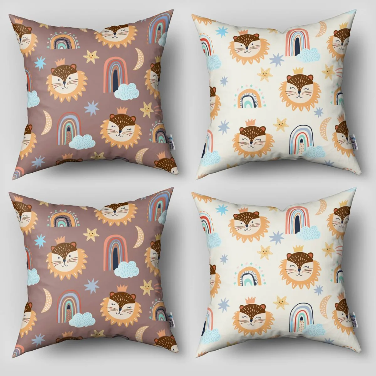 Orman Hayvanları 4lü Kırlent | Beyaz gökkuşağı, yıldız Desenli