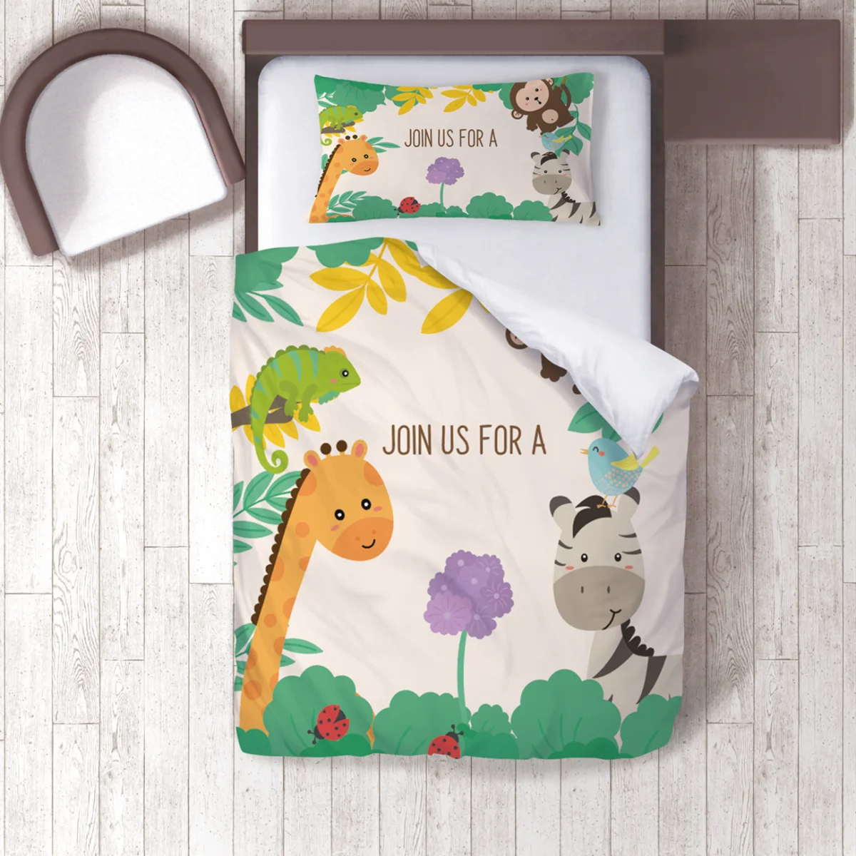 Orman Hayvanları Nevresim Takımı | Krem Yapraklar, çiçekler Desenli