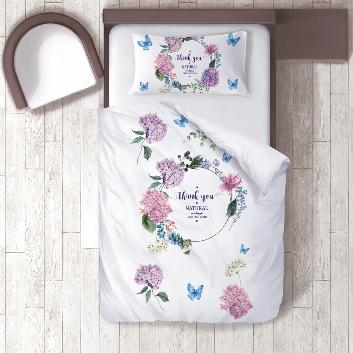 Çiçekler Nevresim Takımı | Beyaz Çiçekler, kelebekler Desenli