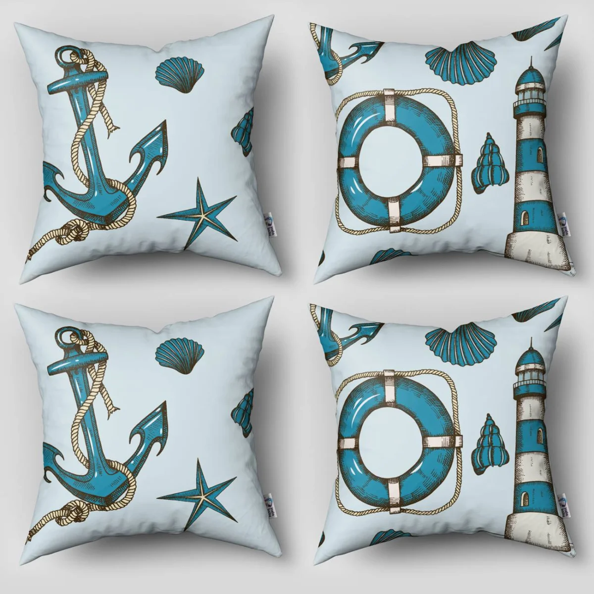 Denizcilik 4lü Kırlent | Mavi Çapa, can simidi Desenli